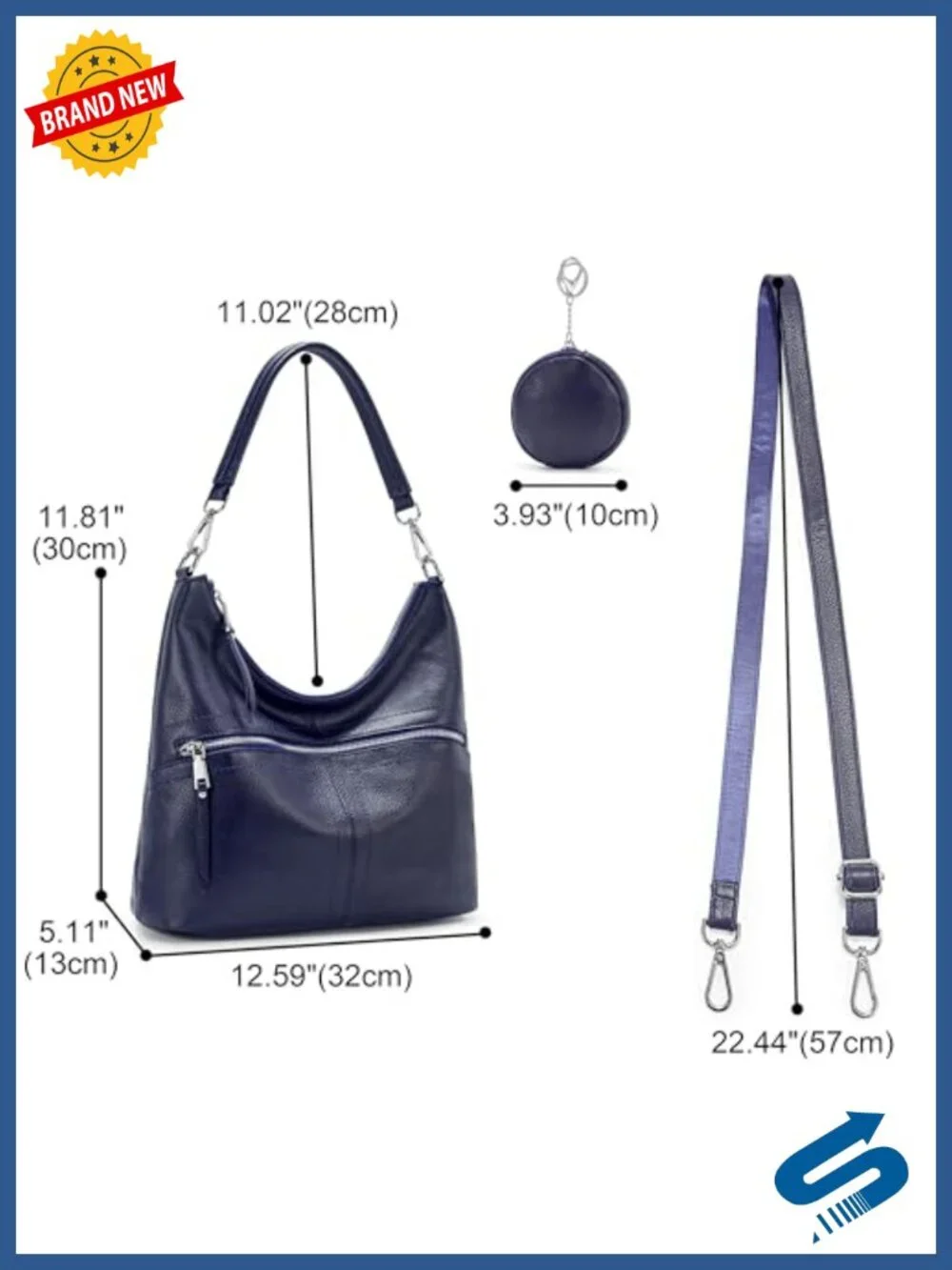 Genuine Leather Hobo Bag with Detachable Strap and Coin Purse